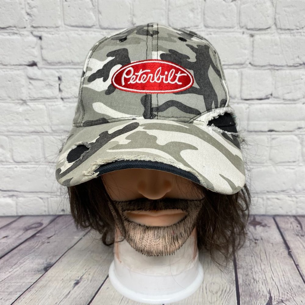 Peterbilt Camo Hat Distressed Cap Black Gray White Embroidered Logo Outdoors